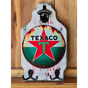 Texaco Star Wall Mount Plaque, Solid Wood, Vintage Look, Bottle Opener, Hooks